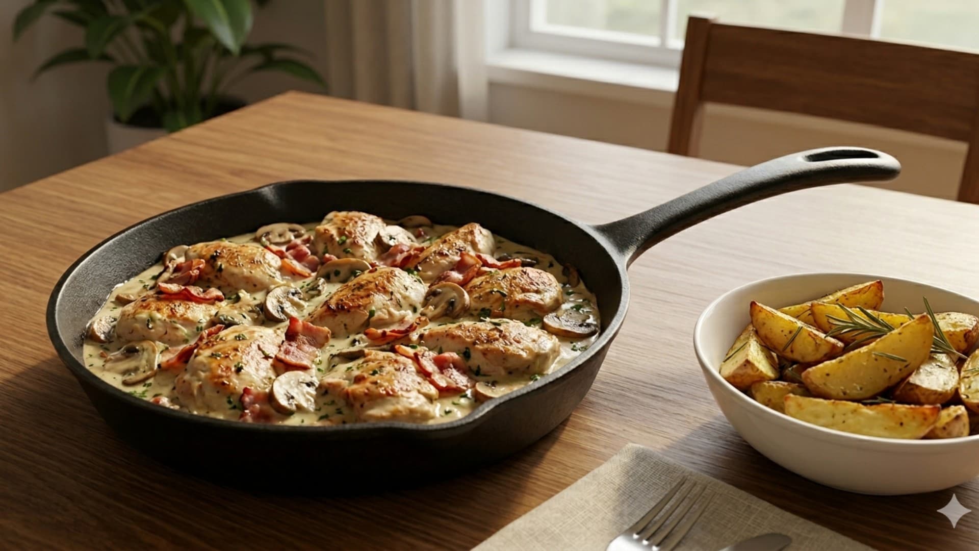 Lyxig Vardagsmiddag: Krämig Kycklingpanna med Bacon, Svamp & Rostad Potatis